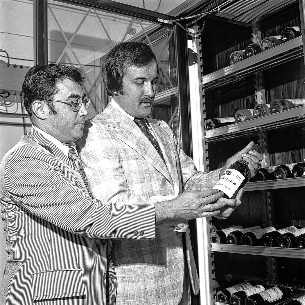 Jerry Vallen and Larry Ruvo examine a bottle of wine in 1974. Their efforts yielded UNLVino, which celebrates its 30th anniversary this year.