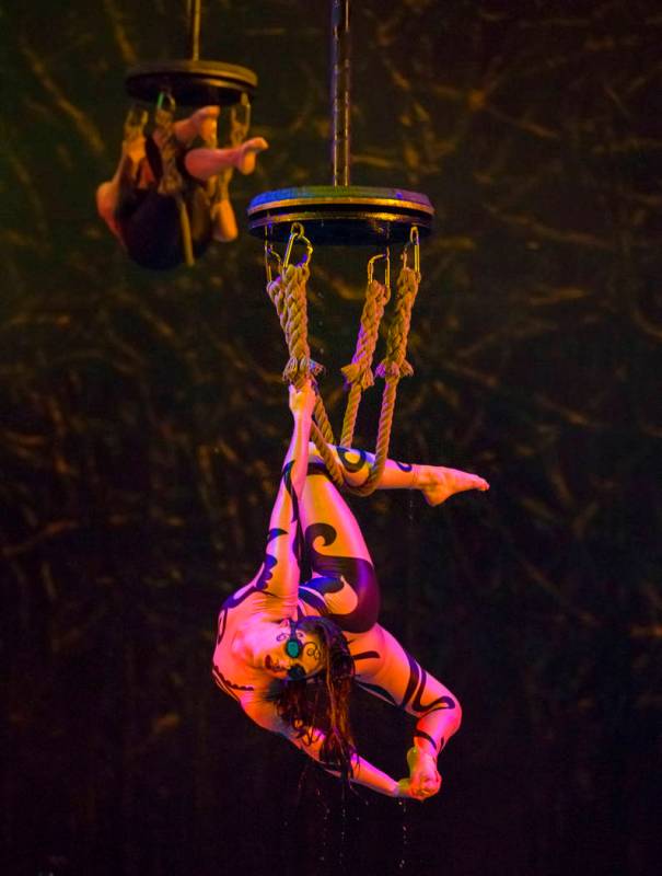 Performers with Cirque du Soleil rehearse the scene “Fishermen” during a sneak preview of the seventh annual philanthropic production "One Night for One Drop 2019" at the & ...