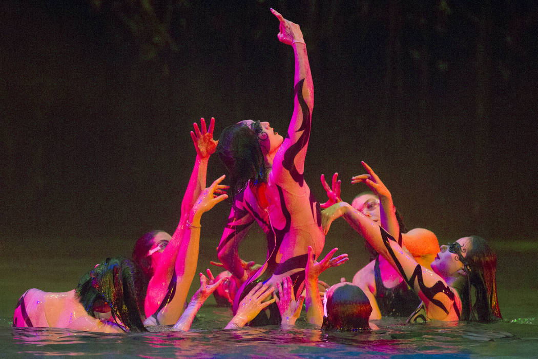 Performers with Cirque du Soleil rehearse the scene “Fishermen” during a sneak preview of the seventh annual philanthropic production "One Night for One Drop 2019" at the & ...