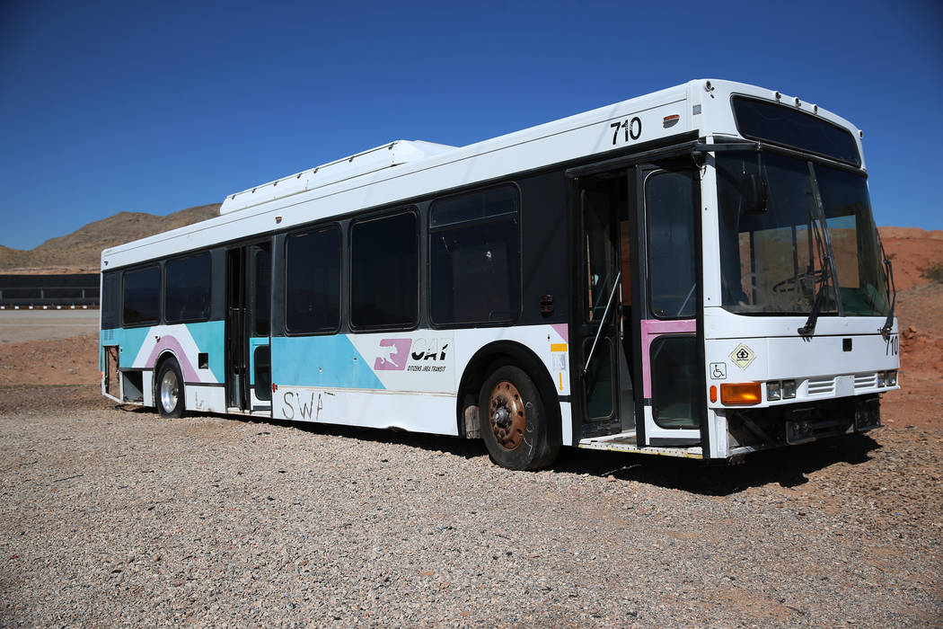A bus donated to the Metropolitan Police Department firearms range sits inside the range in Las ...
