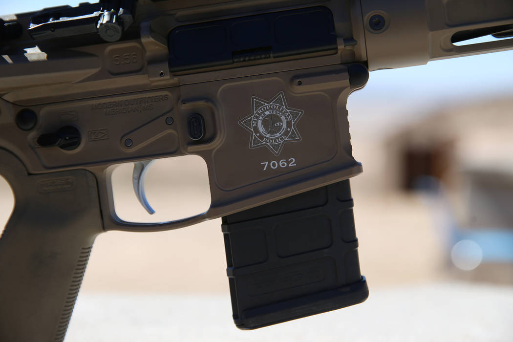 A semi-automatic rifle owned by Las Vegas police Sgt. Shawn Romprey at the Metropolitan Police ...