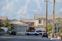 North Las Vegas Police investigate a shooting on San Miguel Avenue near Coleman Street Monday, March 25, 2019. North Las Vegas police said multiple people were injured, with one of the injured run ...
