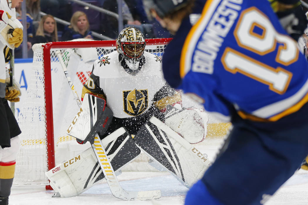 Vegas Golden Knights' goalie Malcolm Subban (30) looks to make a save against the St. Louis Blues during the second period of an NHL hockey game Monday, March 25, 2019, in St. Louis. (AP Photo/Dil ...