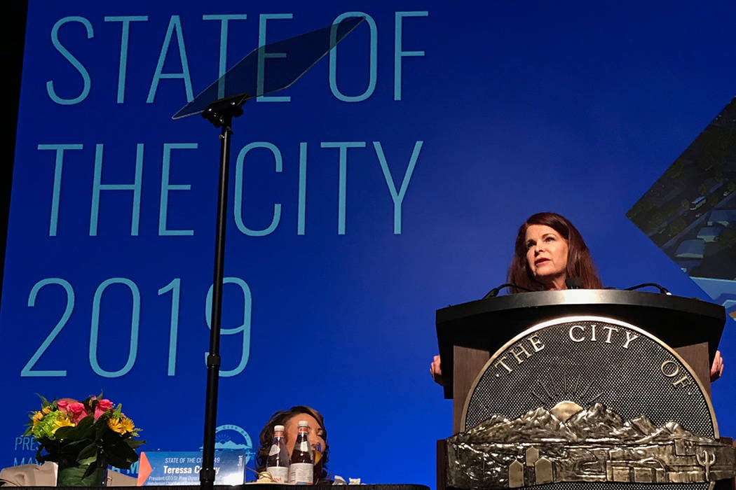 Henderson Mayor Debra March addresses an audience of nearly 1,000 during the annual State of the City address on Tuesday, Jan. 22, 2019, at Green Valley Ranch. (Blake Apgar/Las Vegas Review-Journal)