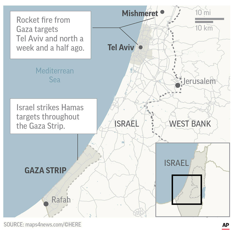 Map locates Gaza Strip and Tel Aviv in Israel, where Israeli says it struck Hamas targets in the Gaza in response to rocket fire on Tel Aviv. ;