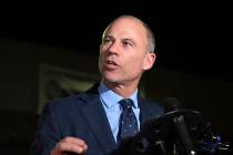 Michael Avenatti speaks to the media outside the Los Angeles Police Department Pacific Division after posting bail for a felony domestic violence charge, Wednesday, Nov. 14, 2018. (AP Photo/Michae ...