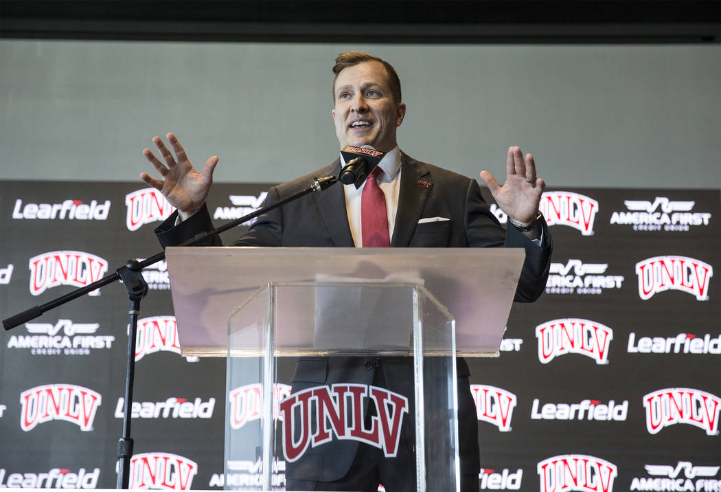 New UNLV men's basketball coach T.J. Otzelberger addresses the crowd at the Strip View Pavilion ...