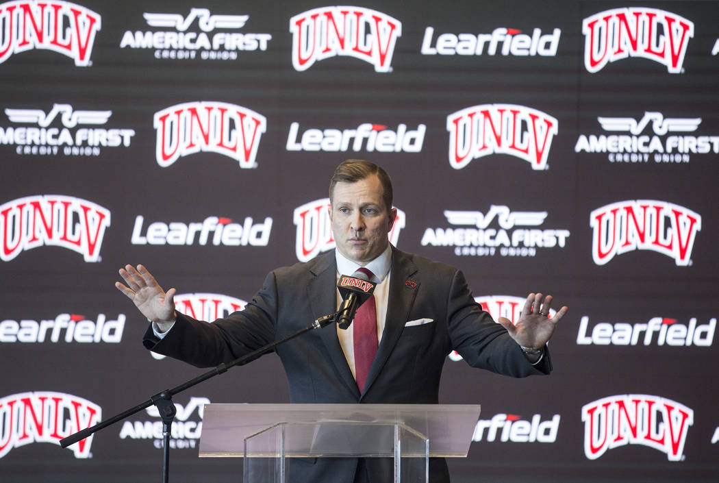 New UNLV men's basketball coach T.J. Otzelberger addresses the crowd at the Strip View Pavilion ...