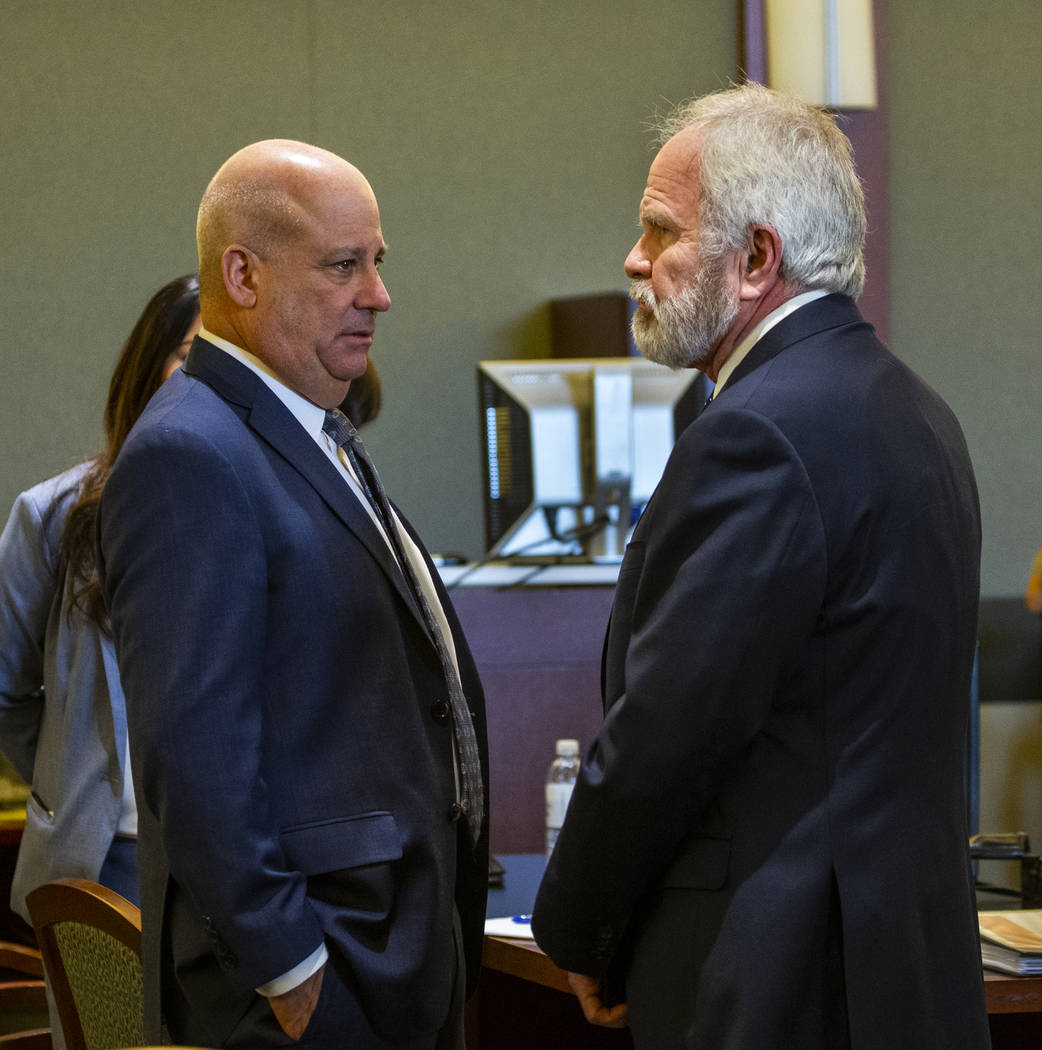 Attorney Laurin Quiat, left, and Jim Wilkes, attorney for former U.S. Sen. Harry Reid, before opening statements in Reid's civil trial at the Regional Justice Center on Tuesday, March 26, 2019, in ...