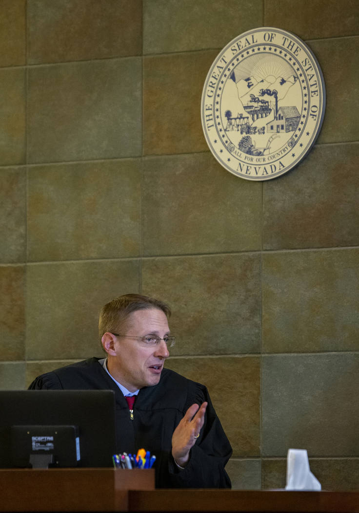 District Judge Joe Hardy Jr. gives jury instructions prior to opening statements in former U.S. Sen. Harry Reid's civil trial at the Regional Justice Center on Tuesday, March 26, 2019, in Las Vega ...