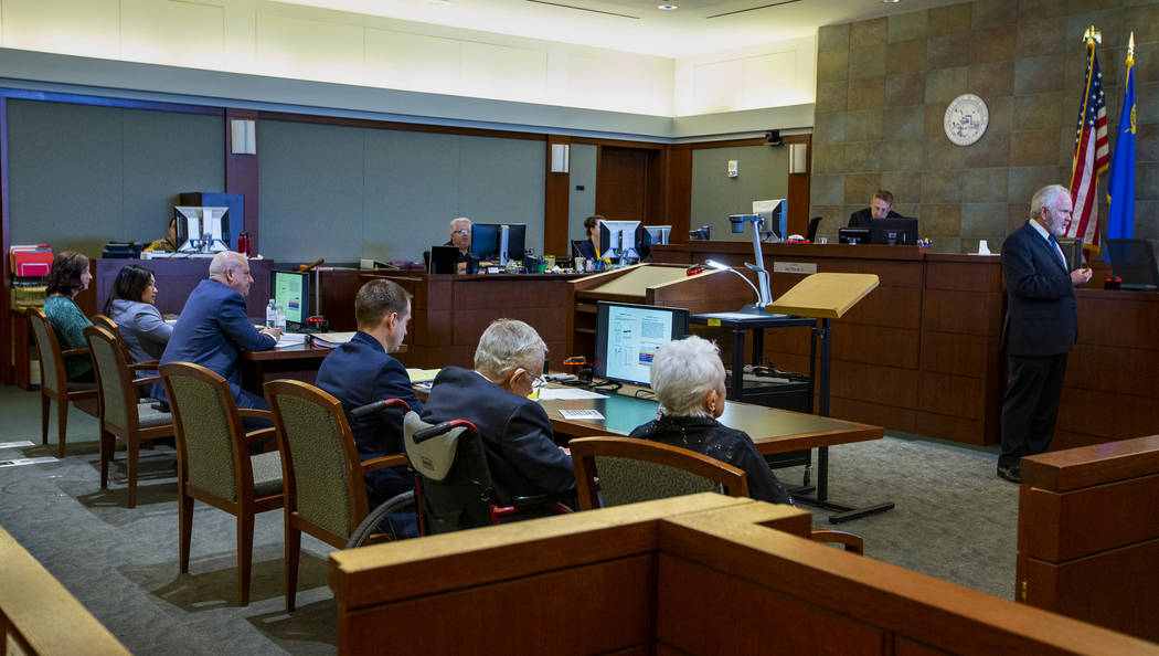 Jim Wilkes, attorney for former U.S. Sen. Harry Reid, gives opening statements to the jury during Reid's civil trial at the Regional Justice Center on Tuesday, March 26, 2019, in Las Vegas. (L.E. ...