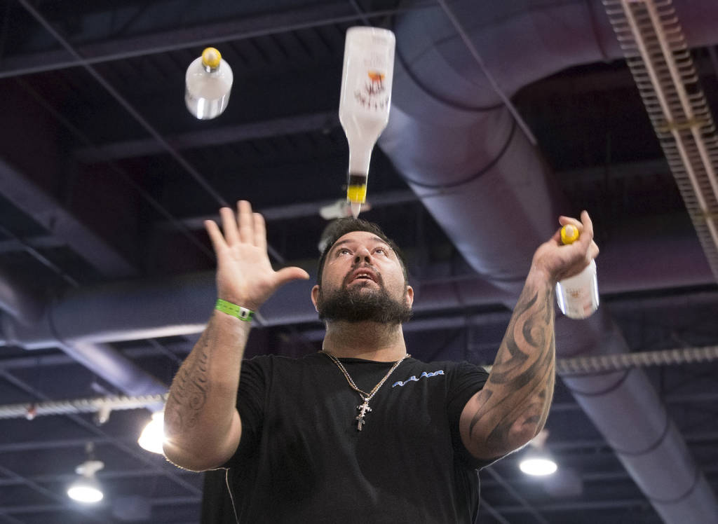 Rodrigo Delpech performs in the flair bartending competition at the Nightclub and Bar Show on Tuesday, March 26, 2019, at the Las Vegas Convention Center, in Las Vegas. (Benjamin Hager Review-Jour ...