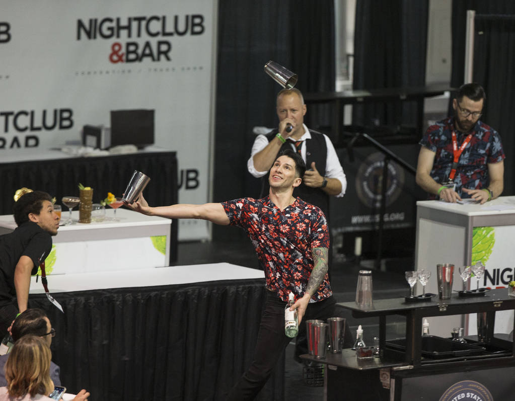 Cruz Gutierrez performs in the flair bartending competition at the Nightclub and Bar Show on Tuesday, March 26, 2019, at the Las Vegas Convention Center, in Las Vegas. (Benjamin Hager Review-Journ ...