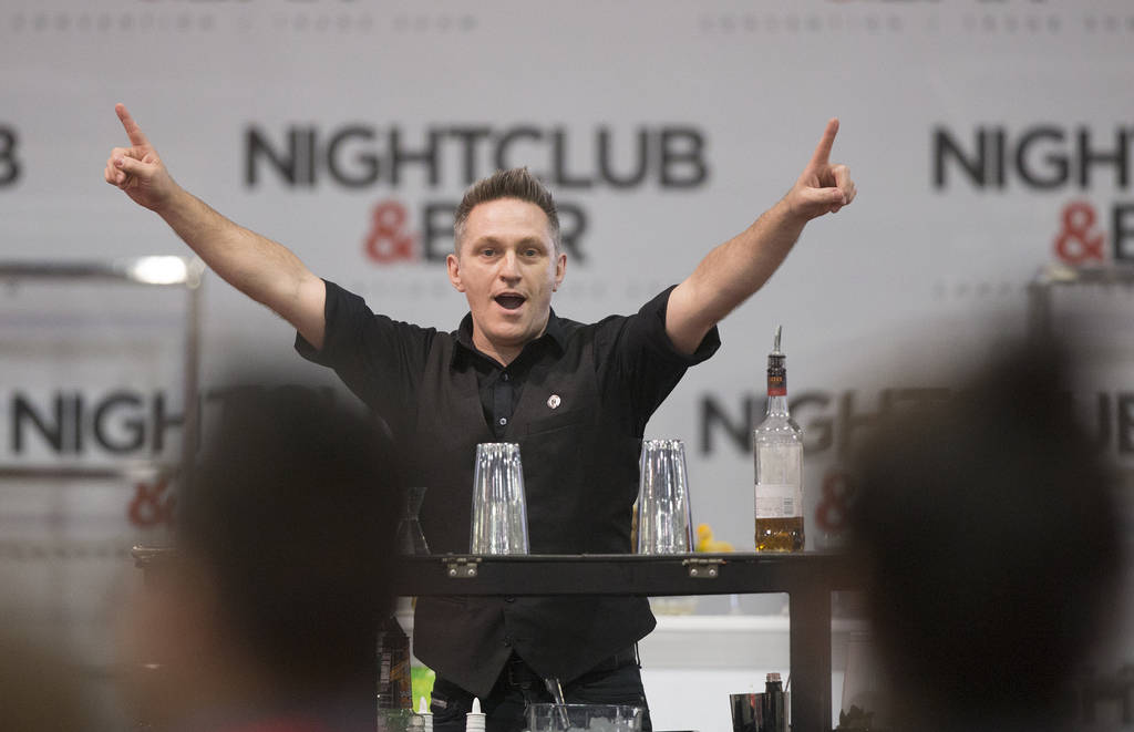 Ryan Clark performs in the flair bartending competition at the Nightclub and Bar Show on Tuesday, March 26, 2019, at the Las Vegas Convention Center, in Las Vegas. (Benjamin Hager Review-Journal) ...