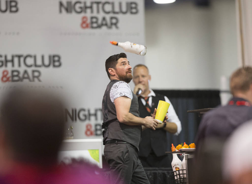 Mariano Gil performs in the flair bartending competition at the Nightclub and Bar Show on Tuesday, March 26, 2019, at the Las Vegas Convention Center, in Las Vegas. (Benjamin Hager Review-Journal) ...