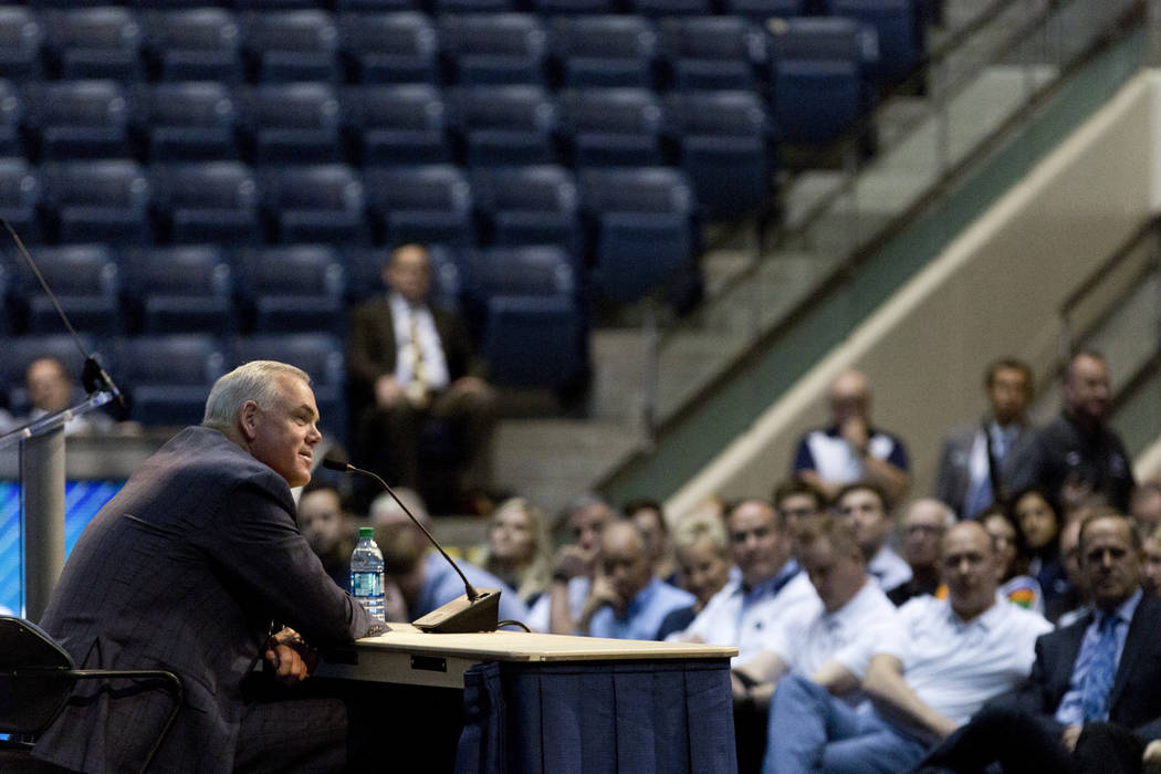 BYU men's basketball head coach Dave Rose listens to a question from a reporter during a press conference at the Marriott Center on Tuesday, March 26, 2019, in Provo, Utah. Rose announced his reti ...