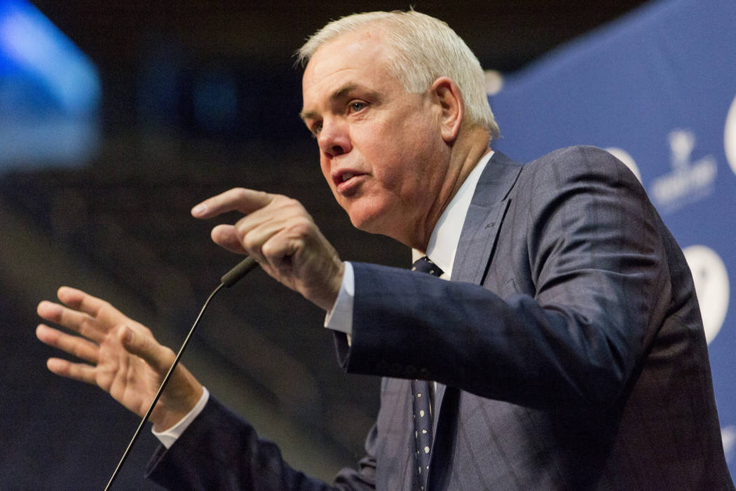 BYU men's basketball head coach Dave Rose addresses the attendees of a press conference at the Marriott Center on Tuesday, March 26, 2019, in Provo. Rose announced his retirement during the press ...