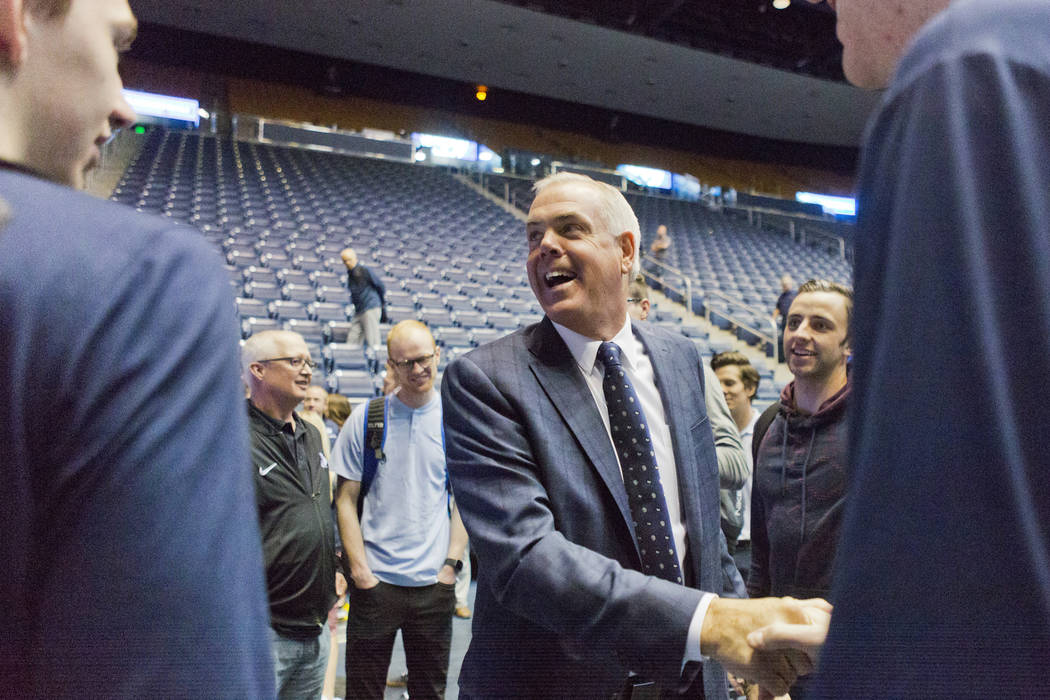 BYU men's basketball head coach Dave Rose shakes hands with players after a press conference to announce his retirement from coaching at the Marriott Center on Tuesday, March 26, 2019, in Provo. ( ...