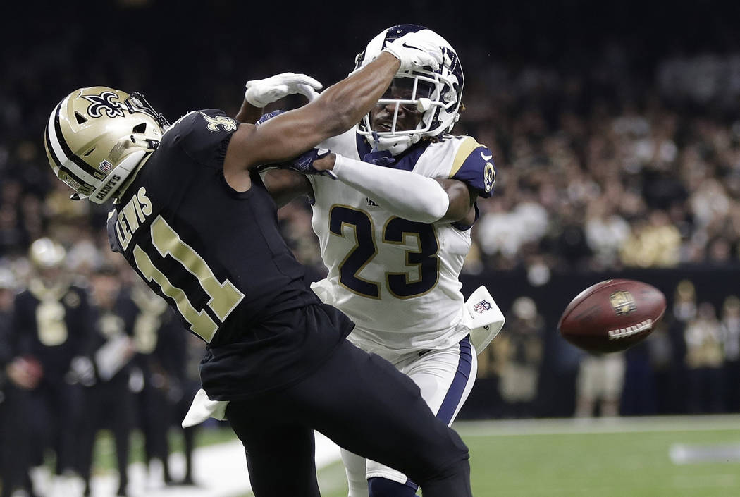 In this Jan. 20, 2019, file photo, Los Angeles Rams' Nickell Robey-Coleman breaks up a pass intended for New Orleans Saints' Tommylee Lewis during the second half of the NFL football NFC champions ...