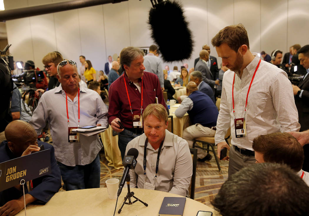Oakland Raiders head coach Jon Gruden speaks to the media during the NFC/AFC coaches breakfast during the annual NFL football owners meetings, Tuesday, March 26, 2019, in Phoenix. (AP Photo/Matt York)