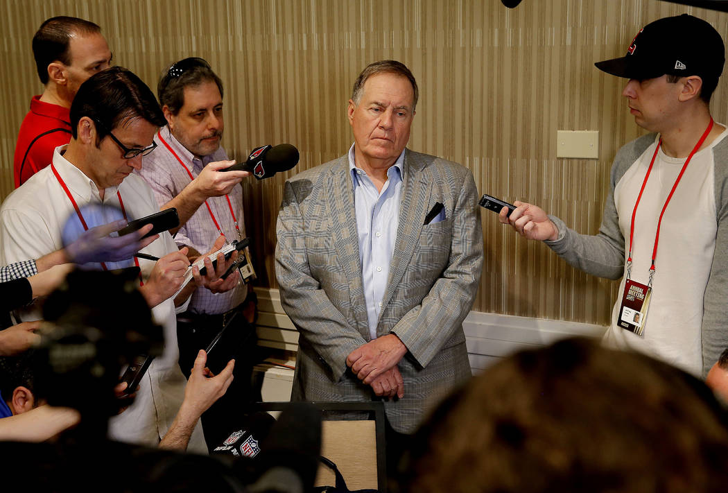 New England Patriots head coach Bill Belichick speaks to the media during the NFC/AFC coaches breakfast during the annual NFL football owners meetings, Tuesday, March 26, 2019, in Phoenix. (AP Pho ...
