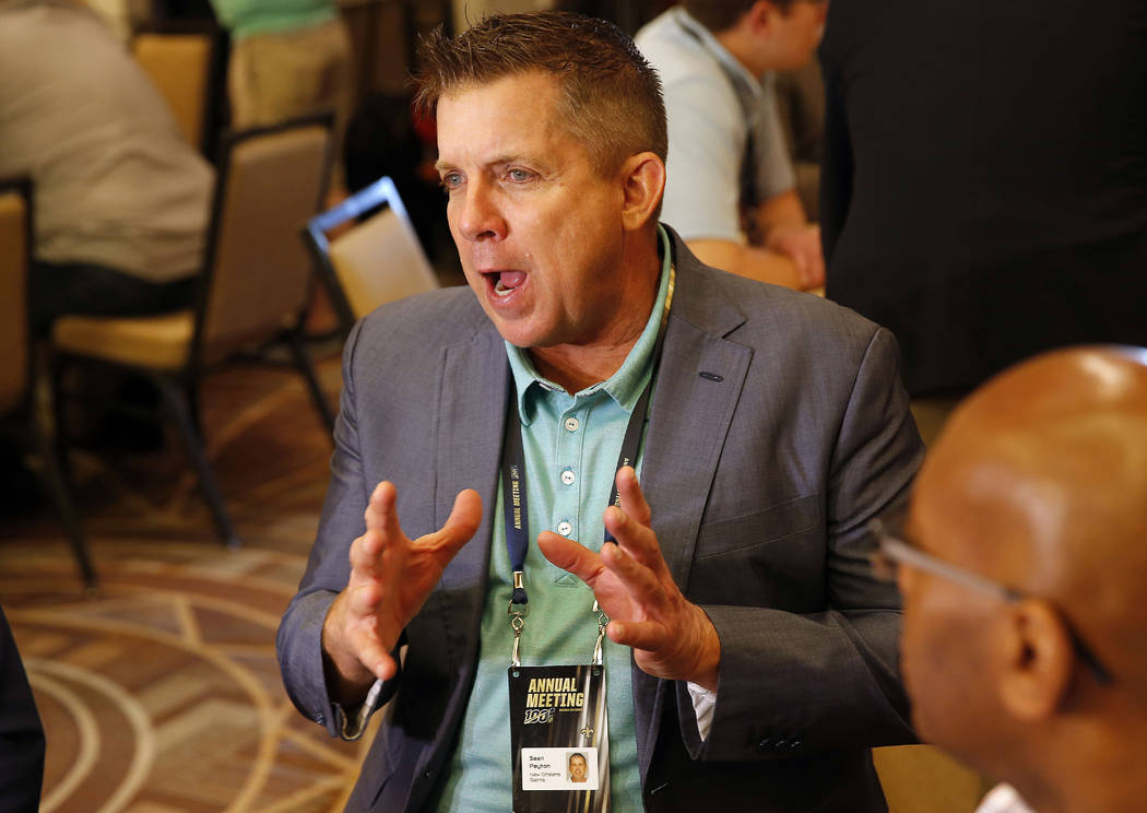 New Orleans Saints head coach Sean Payton speaks to the media during the NFC/AFC coaches breakfast during the annual NFL football owners meetings, Tuesday, March 26, 2019, in Phoenix. (AP Photo/Ma ...