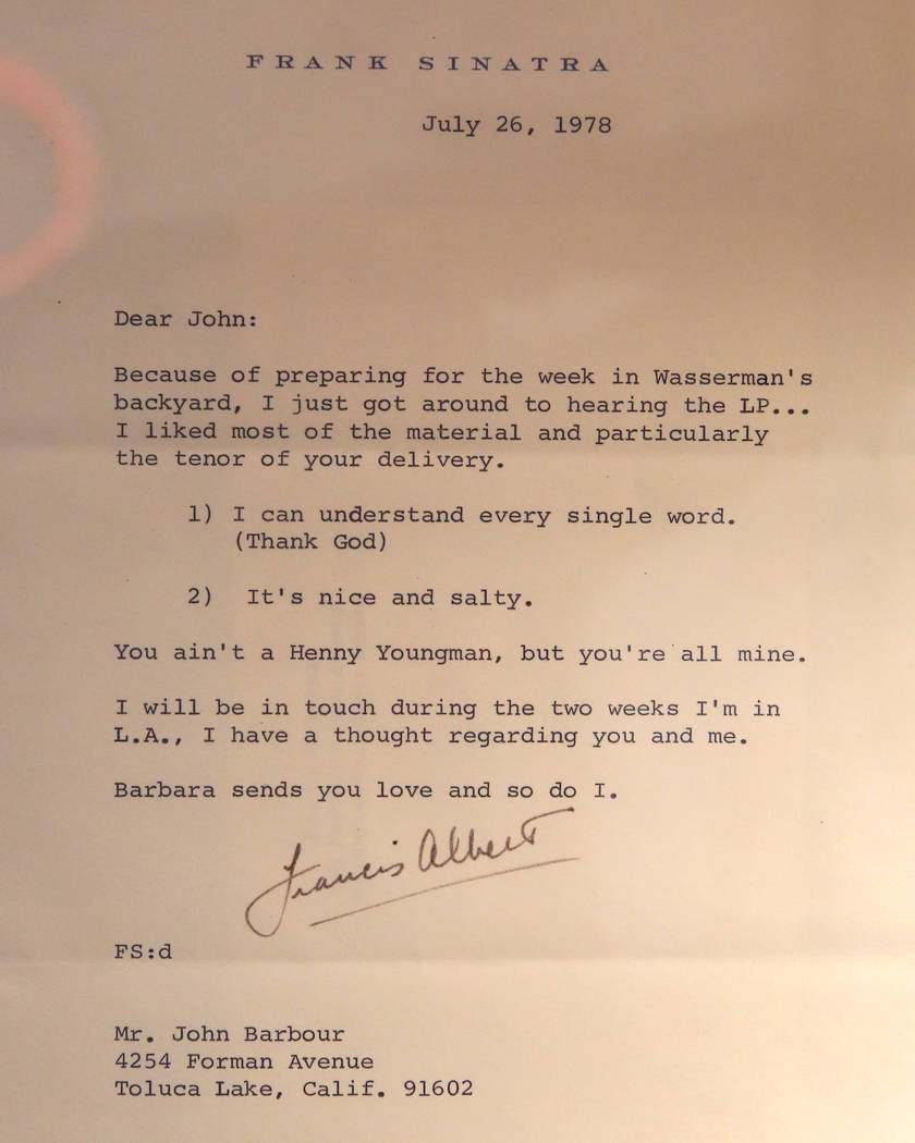 A letter signed by Frank Sinatra is displayed at John Barbour's, an actor, comedian, television ...