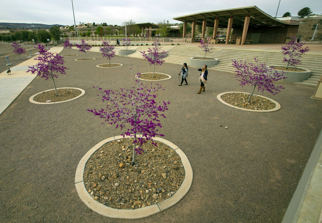 Christina Ferguson and Christina Habermas scout the best locations for the Knoah's employee appreciation day event coming up in three weeks at Cornerstone Park on Wednesday, March 27, 2019, in Las ...