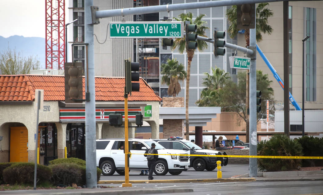 Las Vegas police investigate an officer involved shooting at a 7-Eleven on the corner of Maryla ...