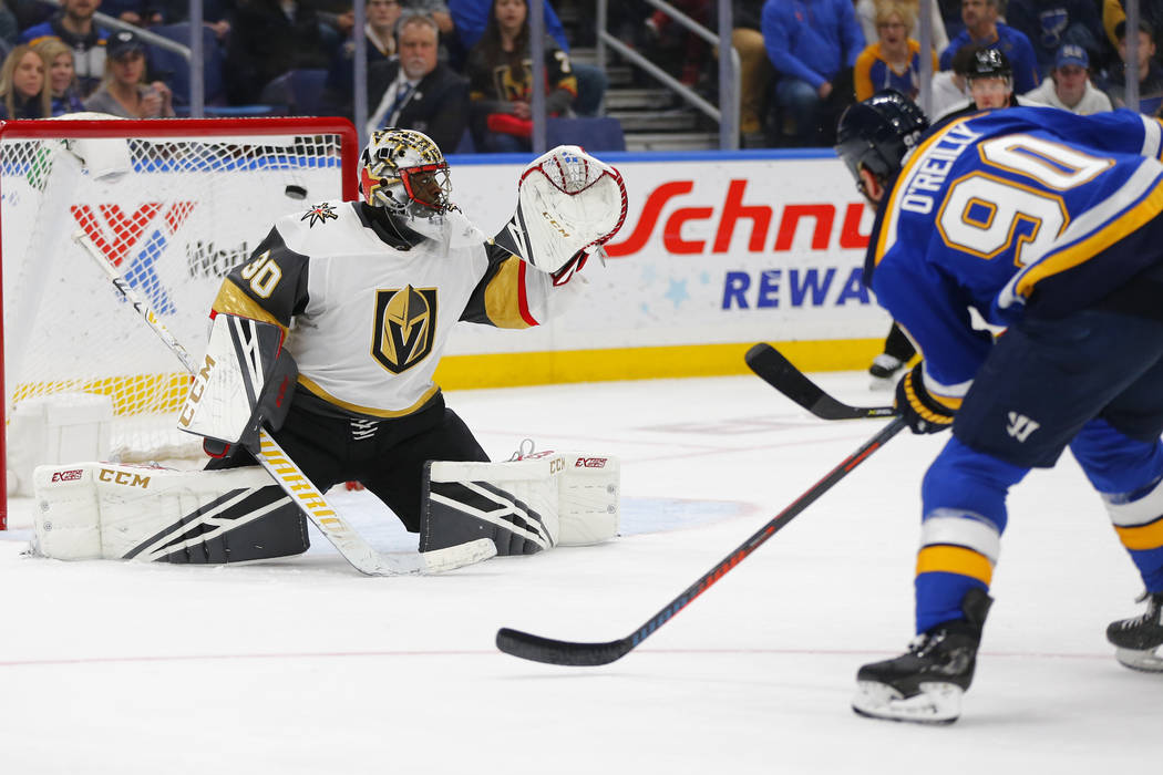 St. Louis Blues' Ryan O'Reilly (90) scores a goal against Vegas Golden Knights' goalie Malcolm ...