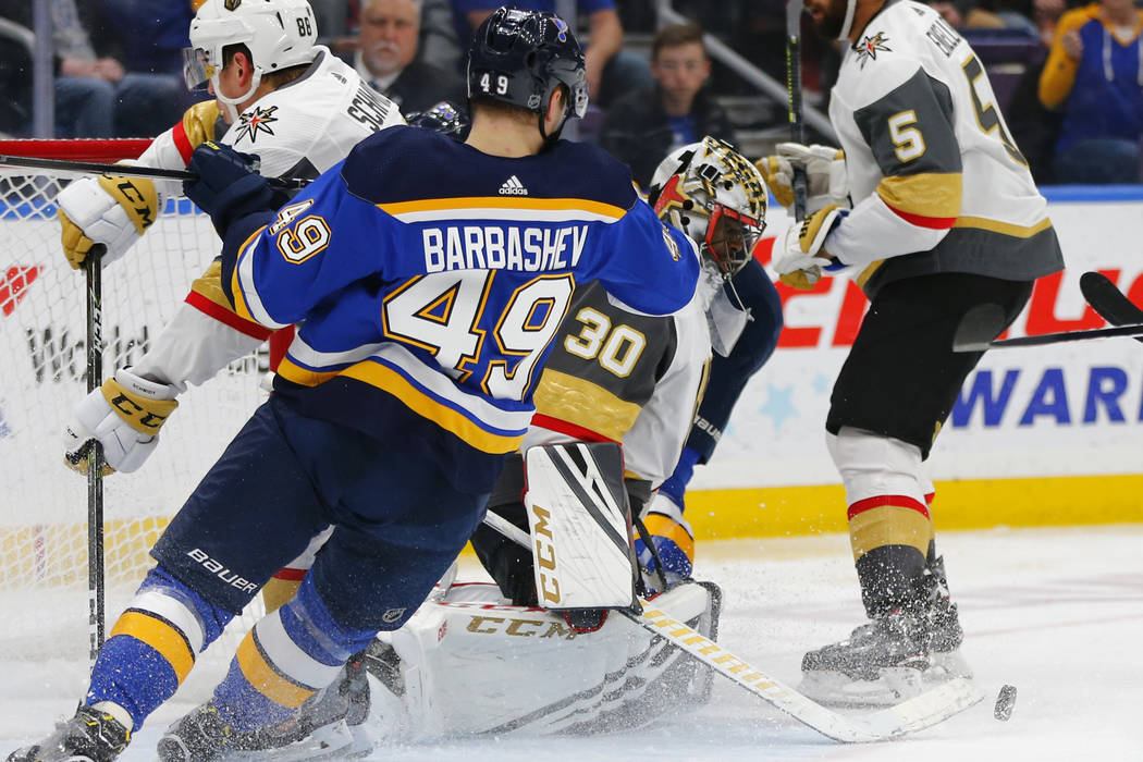 Vegas Golden Knights' goalie Malcolm Subban (30) makes a save against the St. Louis Blues durin ...
