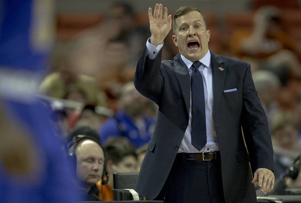 South Dakota State head coach T.J. Otzelberger yells to his team during a first round game against Texas in the NCAA college basketball National Invitation Tournament in Austin, Texas, Tuesday, Ma ...