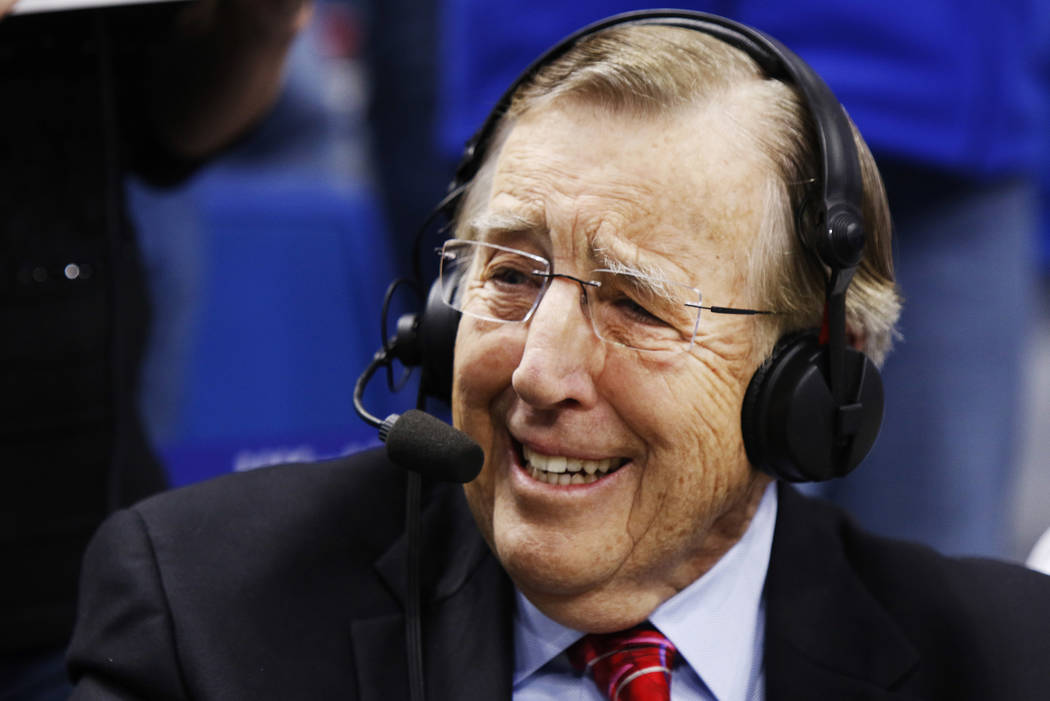 Veteran broadcaster Brent Musburger prepares for his last broadcast prior to an NCAA college ba ...