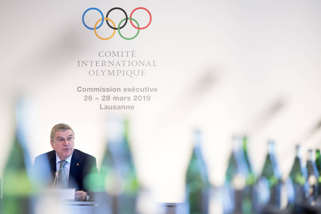 International Olympic Committee (IOC) president Thomas Bach from Germany speaks at the opening of the first day of the executive board meeting of the International Olympic Committee (IOC), in Laus ...
