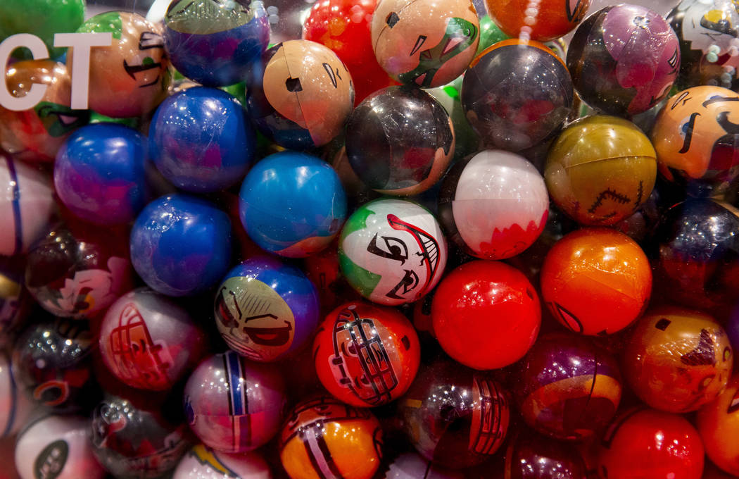 Some of the many gumball designs on display to be purchased during the the Amusement Expo at th ...