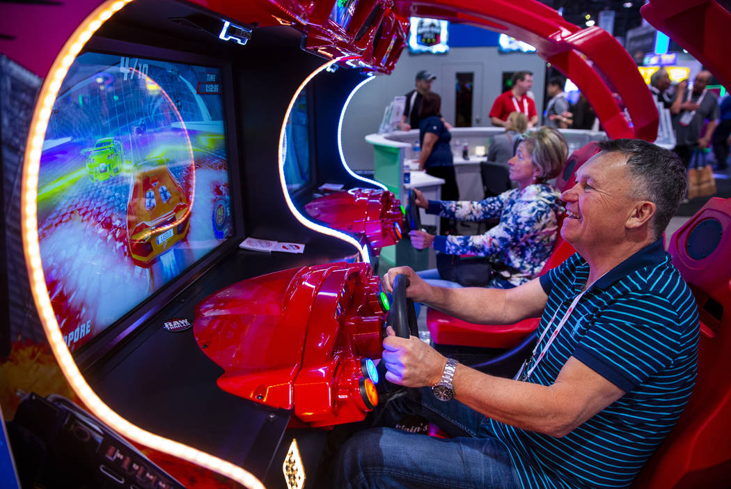 Lazlo Baranyai with Lorincz & Baranyai LTD races a car during the Amusement Expo at the Las Veg ...