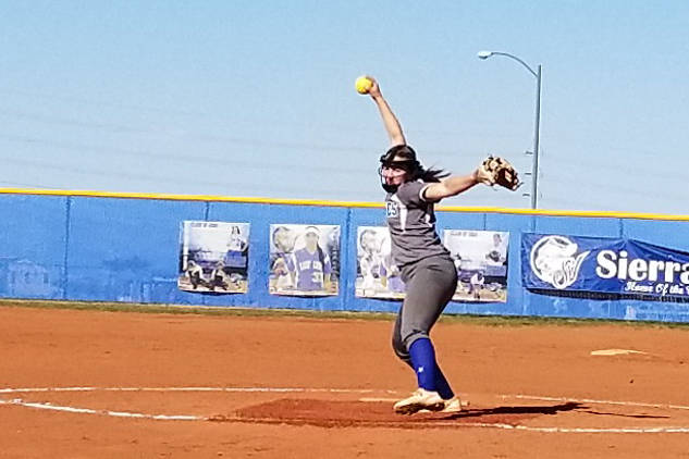 Basic's Shelby Basso delivers a pitch against Sierra Vista on Friday, March 29, 2019. Basso thr ...