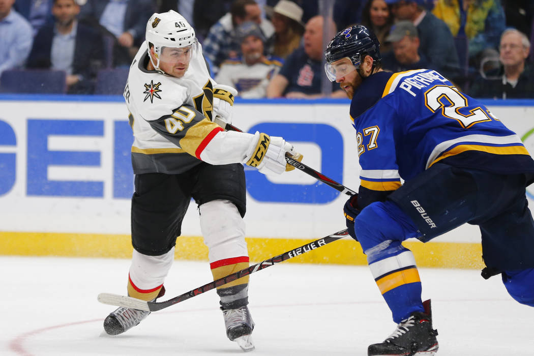 Vegas Golden Knights' Ryan Carpenter (40) shoots the puck against the St. Louis Blues during th ...