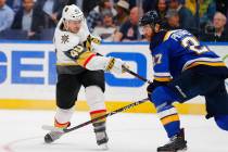 Vegas Golden Knights' Ryan Carpenter (40) shoots the puck against the St. Louis Blues during th ...