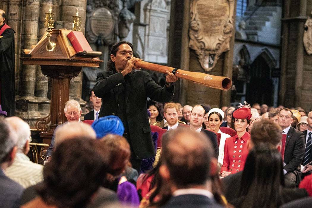 International didgeridoo player William Barton performs during the Commonwealth Service at West ...