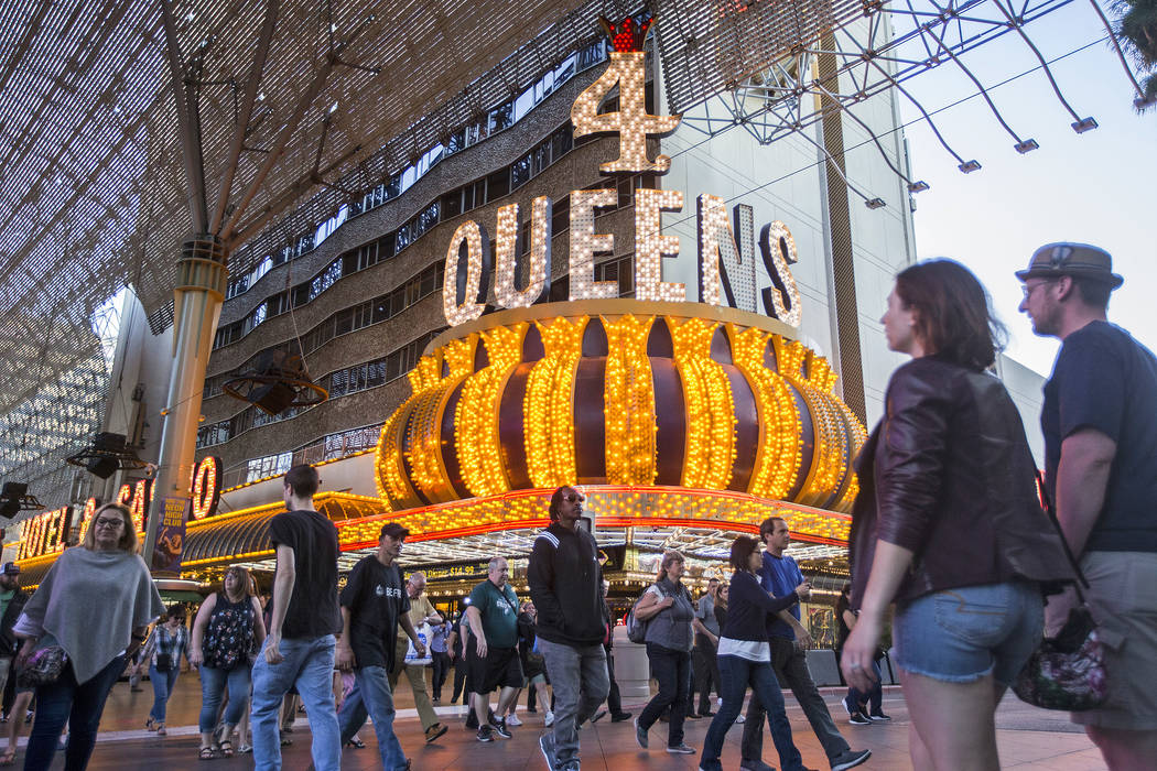 Fremont Street is packed with visitors on Thursday, March 28, 2019, in Las Vegas. (Benjamin Hag ...