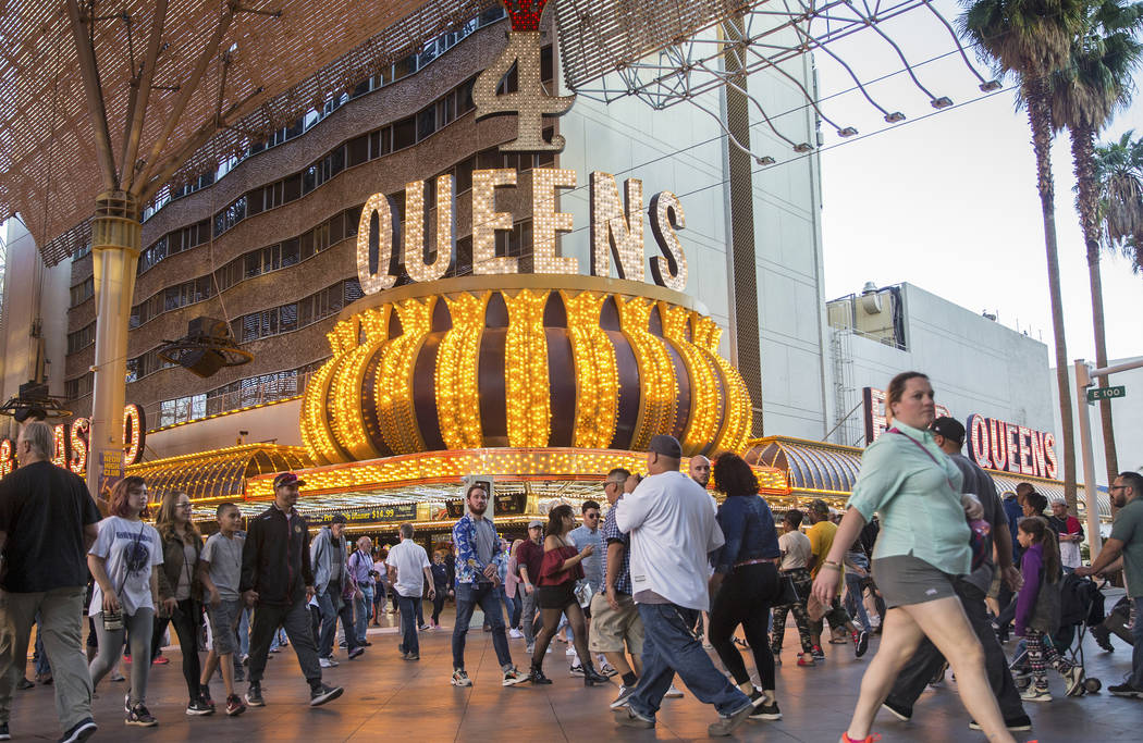 Fremont Street is packed with visitors on Thursday, March 28, 2019, in Las Vegas. (Benjamin Hag ...