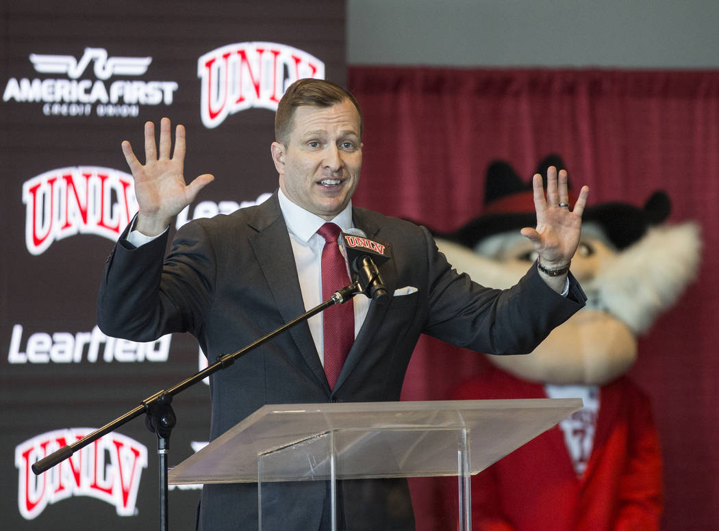 New UNLV men's basketball coach T.J. Otzelberger addresses the crowd at the Strip View Pavilion ...