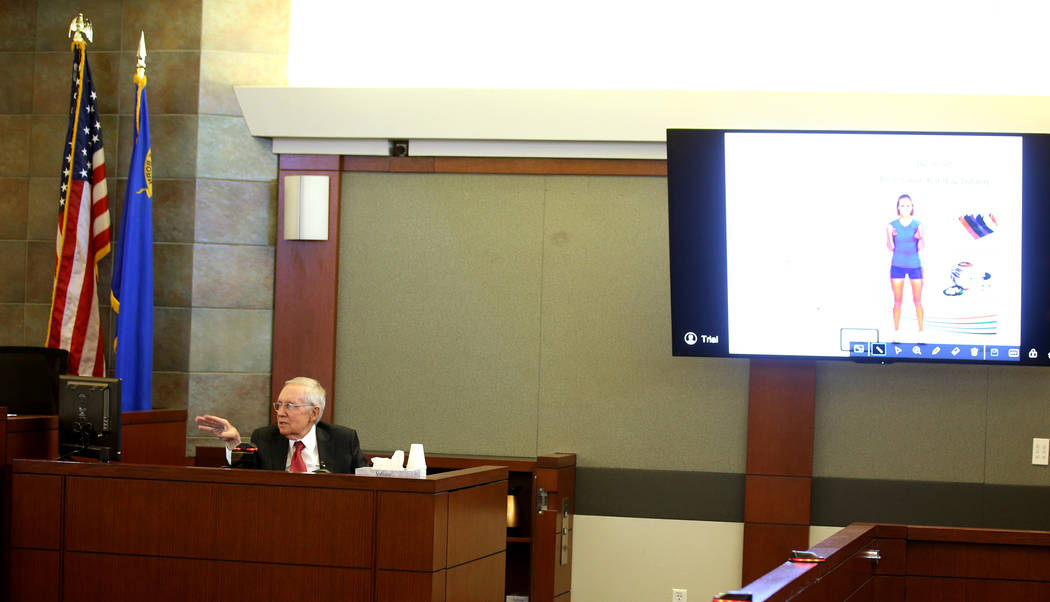 Former U.S. Sen. Harry Reid testifies in the courtroom at the Regional Justice Center in downto ...