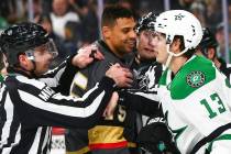 Golden Knights right wing Ryan Reaves (75) exchanges words with Dallas Stars center Mattias Jan ...