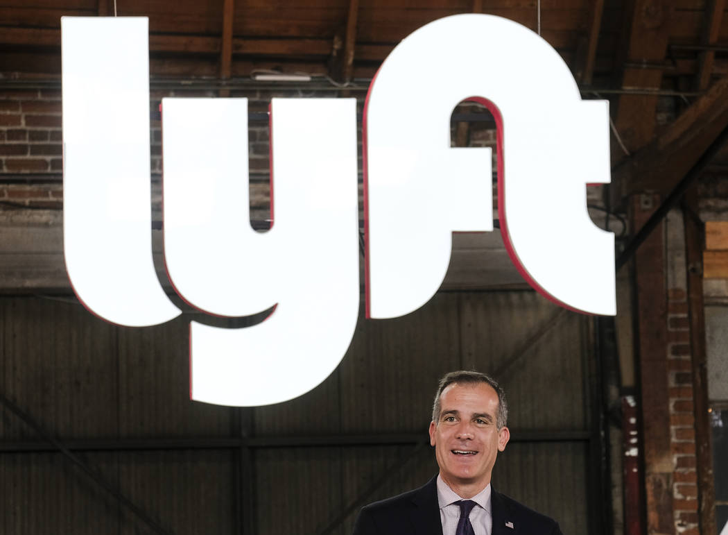 Los Angeles mayor Eric Garcetti speaks during and event for Lyft in Los Angeles, Friday, March ...