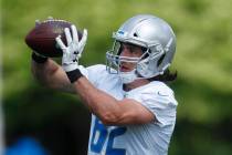 Detroit Lions tight end Luke Willson catches a pass during practice at the NFL football team's ...
