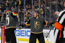 Vegas Golden Knights left wing Max Pacioretty, left, celebrates after center Paul Stastny, righ ...