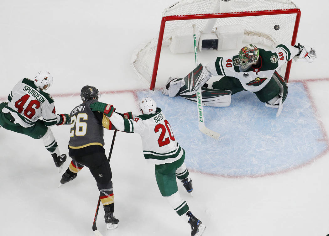Vegas Golden Knights center Paul Stastny (26) scores against Minnesota Wild goaltender Devan Du ...