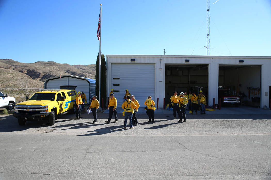 Students and firefighters attend a training session at Fire Station 80 in Blue Diamond, Saturda ...